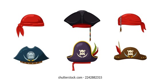 Pirate hats cocked hats and bandanas template. Danger buccaneer ship captain headdress with crossed vector sabers