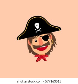 Pirate head in pirate hat isolated vector icon on light pink background