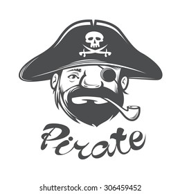 Pirate head with pirate hat and pipe, vector illustration