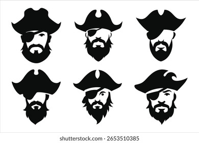 Pirate head silhouette vector cutout. A bearded pirate with a mustache, wearing a cocked hat - stock illustration.