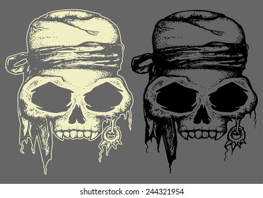 Pirate head skull in dark and inverted color isolated 