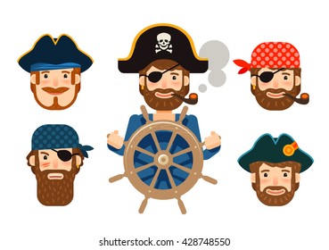 Pirate at the helm of ship. Corsair. Funny sailor. Cartoon flat design