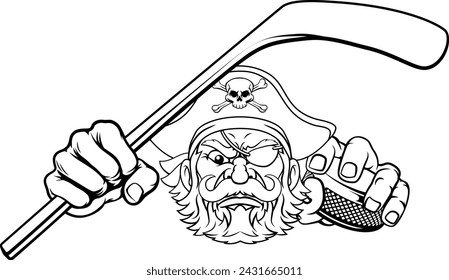 A pirate hockey sports mascot cartoon character holding a stick and puck