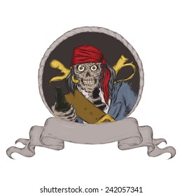Pirate holding bottle of rum. Hand drawn scull illustration with space for text