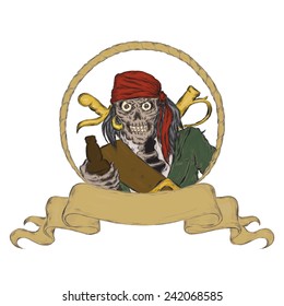 Pirate holding bottle of rum. Hand drawn scull illustration with space for text