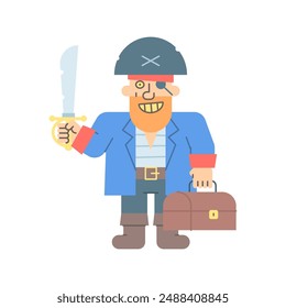 Pirate holding saber holding suitcase and smiling. Vector character