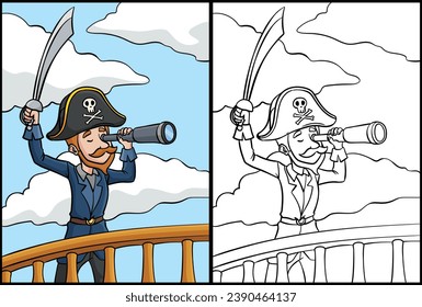 Pirate Holding Sword and Telescope Illustration