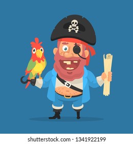 Pirate holds parrot and treasure map. Funny character. Vector Illustration