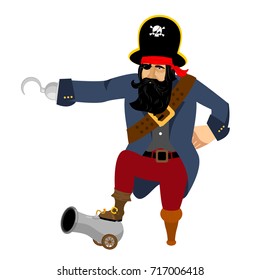 pirate Hook and cannon. Eye patch and smoking pipe. filibuster cap. Bones and Skull. Head corsair black beard. buccaneer Wooden foot
