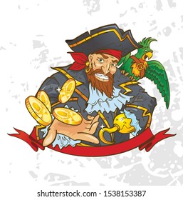 Pirate with a hook instead of a hand, a parrot and money. Vector illustration.