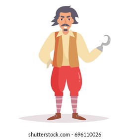 Pirate with hook. Vector. Cartoon. Isolated art on white background. Flat. 