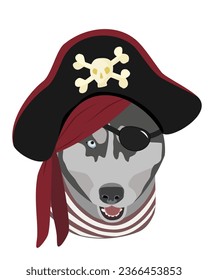 A Pirate Husky dog with one eye closed donning a bandana and pirate hat, dressed in a striped shirt