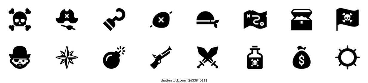 Pirate icon collection. Pirate adventure icon set. Classic pirate symbols and elements for design. Vector Illustration. EPS 10
