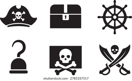 Pirate icon collection featuring treasure chest, pirate ship wheel, skull symbols, crossed swords and mystery silhouette illustrations