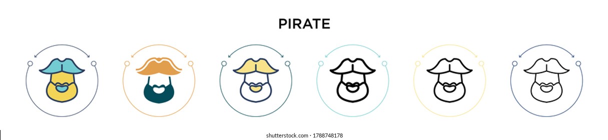 Icono pirata en el estilo relleno, delgado, contorno y trazo. Ilustración vectorial de dos diseños de vectores piratas de color y negro se puede utilizar para móviles, ui, web