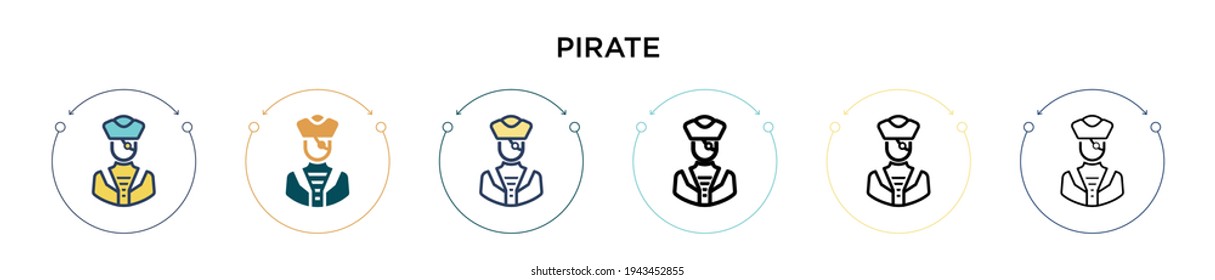 Icono pirata en el estilo relleno, delgado, contorno y trazo. Ilustración vectorial de dos diseños de vectores piratas de color y negro se puede utilizar para móviles, ui, web