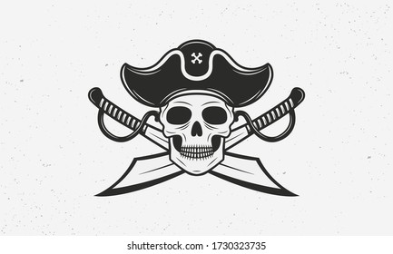 Icono pirata, logotipo, símbolo aislado en fondo blanco. Icono pirata con cráneo, sombrero y espadas cruzadas. Huella vintage para camiseta, tipografía. Ilustración del vector