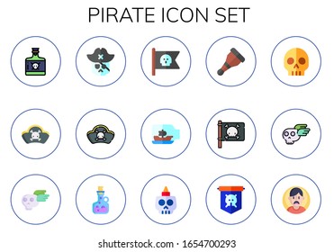 pirate icon set. 15 flat pirate icons.  Simple modern icons such as: poison, pirates, skull, pirate flag, ship in a bottle, wooden leg, jolly roger, fear
