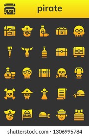 pirate icon set. 26 filled pirate icons.  Collection Of - Chest, Skull, Rum, Wooden leg, Treasure, Pirate, Poison, Papyrus, scarf, Sailor