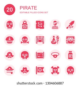 pirate icon set. Collection of 20 filled pirate icons included Skull, Poison, Treasure, Pirate, Harpoon, Sailor, Chest, hat, Treasure map, Eyepatch, flag