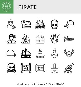 pirate icon set. Collection of Skull, Pirate, Pirate ship, Bandana, Poison, Treasure, Motorboat, Galleon, Treasure map, Chest, Ship in a bottle icons