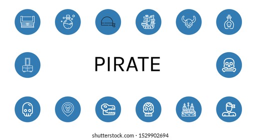 pirate icon set. Collection of Treasure, Poison, Bandana, Pirate ship, Skull, Pirate, Chest icons