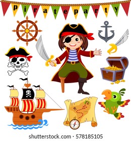Pirate icon set. Pirate, parrot, ship, saber, helm, treasure chest, anchor, jolly roger