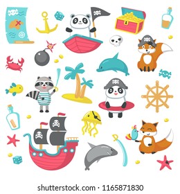 Pirate icon set. Vector illustration of cute animals panda, raccoon, fox in pirate hats, ship with pirate flags, jellyfish with eye patch and other marine items isolated on white background.