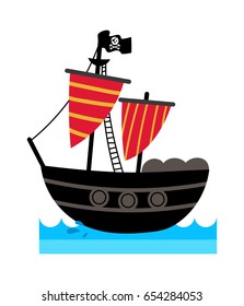 Pirate icon with ship. Children drawing of pirate accessories vector illustration isolated on white background.