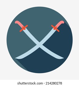 Pirate icon, two sabers. Flat design style modern vector illustration. Isolated on stylish color background. Square flat long shadow icon. Elements in flat design.
