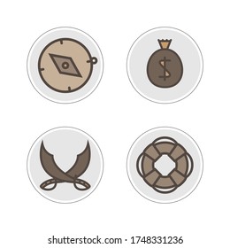 Pirate icon vector. Flat line icons, buoys, compasses, swords.