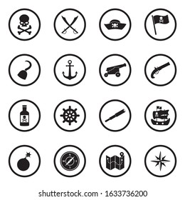 Pirate Icons. Black Flat Design In Circle. Vector Illustration.