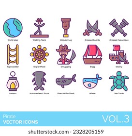 Pirate icons crayons include Anchor, Bell, Blunderbuss, Brigg, Cannonball Bomb, Cannon, Compass and Gimble, Corsair Pirate Sword, Crab, Swords, Telescopes