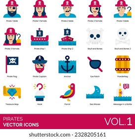 Pirate icons crayons include Anchor, Bell, Blunderbuss, Brigg, Cannonball Bomb, Cannon, Compass and Gimble, Corsair Pirate Sword, Crab, Swords, Telescopes