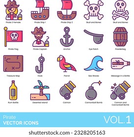 Zu den Ikonen von Piraten gehören Anchor, Bell, Blunderbuss, Brigg, Cannonball Bomb, Cannon, Compass und Gimble, Corsair Pirate Sword, Crab, Schwerter, Teleskope