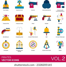 Pirate icons crayons include Anchor, Bell, Blunderbuss, Brigg, Cannonball Bomb, Cannon, Compass and Gimble, Corsair Pirate Sword, Crab, Swords, Telescopes
