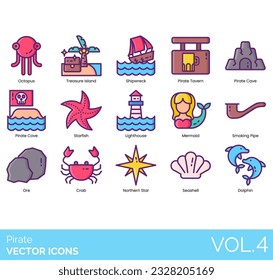 Zu den Ikonen von Piraten gehören Anchor, Bell, Blunderbuss, Brigg, Cannonball Bomb, Cannon, Compass und Gimble, Corsair Pirate Sword, Crab, Schwerter, Teleskope