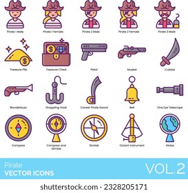 Zu den Ikonen von Piraten gehören Anchor, Bell, Blunderbuss, Brigg, Cannonball Bomb, Cannon, Compass und Gimble, Corsair Pirate Sword, Crab, Schwerter, Teleskope