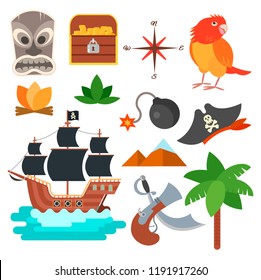 Pirate icons, elements. Elements for the design of a pirate game or a diploma of victory in a pirate quest. Vector illustration.