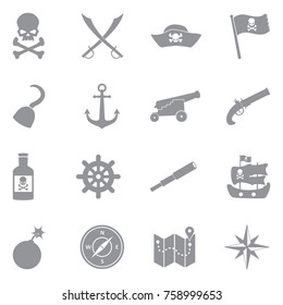 Pirate Icons. Gray Flat Design. Vector Illustration. 