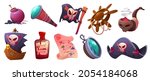 Pirate icons with map, ship, captain hat, flag with skull and compass. Vector cartoon set of nautical equipment, wooden helm, bomb, spyglass, rum bottle and smoking pipe isolated on white