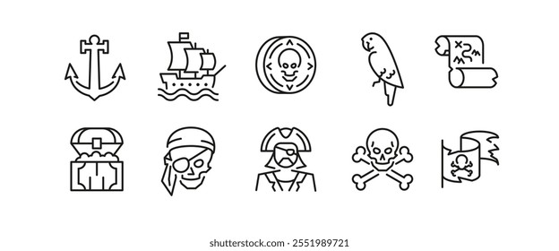 Ícones piratas. Conjunto de 10 ícones da moda pirata. Exemplo: Âncora, Caveira, Papagaio, Roda de Entrega, ícone Flintlock. Sinais de design para página da Web, aplicativo móvel, design de embalagem. Ilustração vetorial.