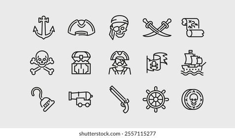 Pirate icons. Set of 15 pirate trendy minimal icons. Example: Anchor, Skull, Parrot, Ship Wheel, Flintlock icon. Design signs for web page, mobile app, packaging design. Vector illustration.