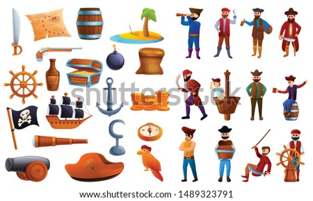 Pirate icons set. Cartoon set of pirate vector icons for web design