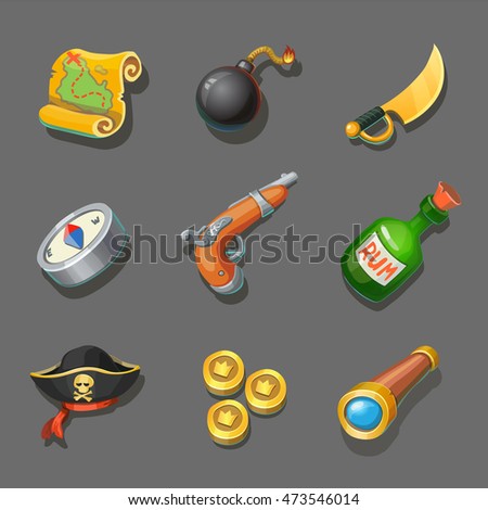 Pirate icons set. Set of corsair items. Different weapon, compass, coin, gun, sword, and treasure map. For computers or mobile game interface and web design