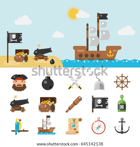 Pirate icons, set of objects, avatar, canon, sword, golden coins. Collection for marine adventure game or party. Vector flat style illustration isolated on white background