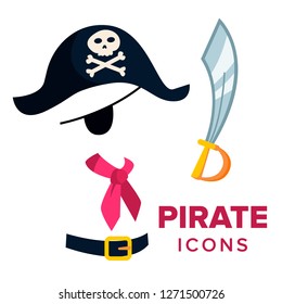 Pirate Icons Vector. Accessories Hat, Sword. Isolated Flat Cartoon Illustration