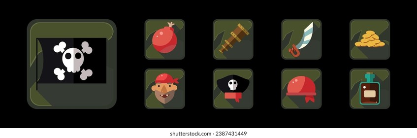 Juego de vectores de iconos piratas y cuadros de objetos de juego web