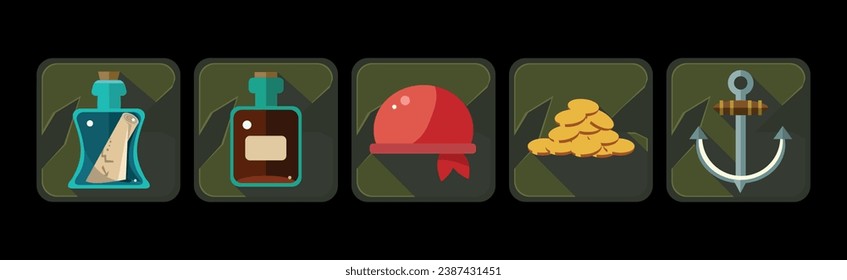 Juego de vectores de iconos piratas y cuadros de objetos de juego web