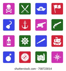 Pirate Icons. White Flat Design In Square. Vector Illustration. 